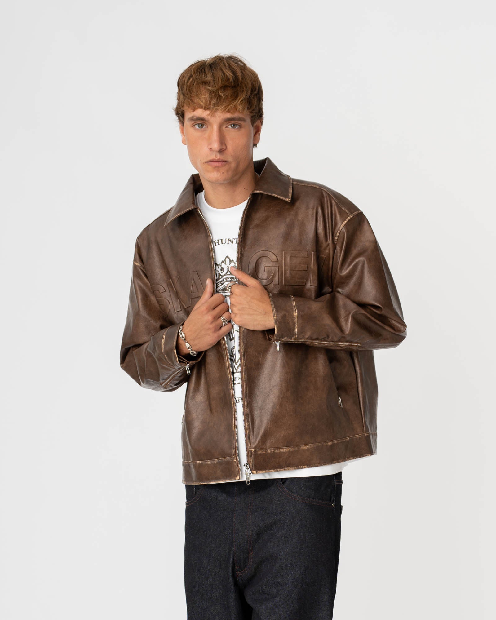 Distressed Leather Jacket Brown